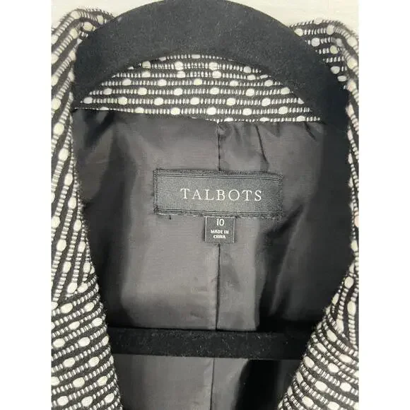Talbots Black White Patterned Blazer Button Notched Lapel Front Pockets Size 10 - Picture 10 of 13